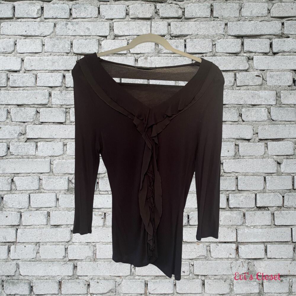 Tahari Black Ruffle Neck Women's Top Size Petite Large